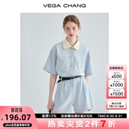 VEGA CHANG工裝連體短褲女夏2025新款小個(gè)子顯瘦高級(jí)感連身衣褲 藍(lán)色 L