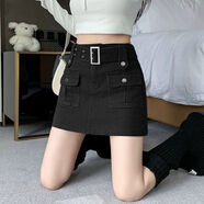 菲尼東爵咖啡色工裝牛仔短裙女秋冬新款彈力百搭腰包臀裙褲半身裙配腰帶 黑色_帶短褲內襯 S