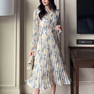 彈簧人（TANHUANGREN）2025淑女氣質(zhì)韓國Chic碎花連衣裙 百褶雪紡長(cháng)袖連衣裙韓版長(cháng)裙 藍色 均碼