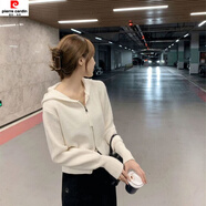 皮爾卡丹雙開(kāi)頭拉鏈連帽毛衣女冬韓版色寬松顯瘦毛線(xiàn)衫短款上衣秋冬外套 米白色 S 80斤-95斤
