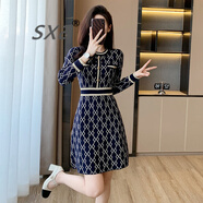SXA香港潮牌法式小香風(fēng)針織連衣裙女2025秋修身顯瘦百搭中長(cháng)款A字裙 寶藍色 XL