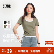 森馬（Semir）短袖t恤女短款假兩件百搭上衣25夏裝顯瘦U領(lǐng)套頭衫109325100015