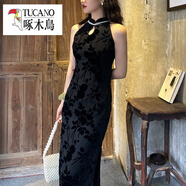 啄木鳥(niǎo)（TUCANO）包臀復古連衣裙無(wú)袖珍珠領(lǐng)改良印花旗袍年輕少女修身氣質(zhì)開(kāi)叉長(cháng)款 黑色珍珠旗袍 L 建議110-120斤