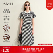 AMII女裝2025夏季新款夏季連肩袖撞色條紋翻領修身收腰中長棉 白黑條 L 165/88A