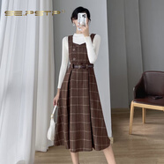 夏典素訂女王（SE.PSTP）背帶連衣裙女裝秋冬2025新款小個(gè)子法式復古毛呢格子套裝冬裙 白毛衣+背心卡其裙套裝 XL