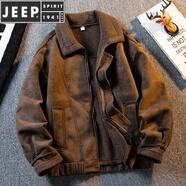 JEEP SPIRIT美拉德翻領(lǐng)皮毛一體羊羔絨外套男秋冬季加厚麂皮絨機車(chē)皮夾克 棕色 M (100-120斤)