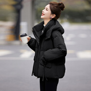 鹿王戀雪時尚白鴨絨羽絨服女冬季2025新款韓版小個子寬松加厚顯瘦短款外套 黑色 L