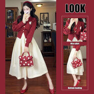 miu里miu氣春裝圣誕穿搭配一整套春裝紅色毛衣連衣裙子兩件套裝女 2025miu一整套ootd穿搭春裝 S