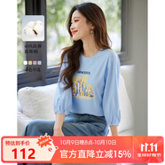 熙世界（sllsky）燈籠七分袖印花T恤女秋2025新款時尚減齡中袖天絲體恤上衣 淺水藍(lán) S