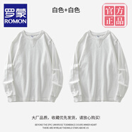 羅蒙（ROMON）320G重磅純棉長(zhǎng)袖T恤男春秋寬松厚實(shí)圓領(lǐng)衛(wèi)衣三本針純白色打底衫 白色+白色 【兩件裝9元】 S (適合110斤以下穿)