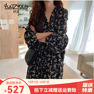 妤遇（YUUZYUUS）品牌女裝碎花雪紡連衣裙2025年春秋新款寬松v領(lǐng)顯瘦法式時(shí)尚長(cháng)裙 黑色 XL