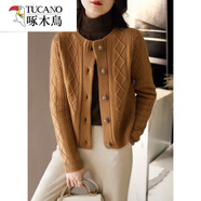 啄木鳥(niǎo)羊毛針織開(kāi)衫女2025年秋冬季新款時(shí)尚洋氣女短款外套寬松加厚毛衣 駝色 S