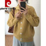 皮爾卡丹（pierre cardin）開衫毛衣慵懶風(fēng)翻領(lǐng)針織衫單排扣毛衣女韓國純色加厚復(fù)古長袖外套 黃色 S 建議80-95斤