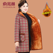 俞兆林（YUZHAOLIN）媽媽冬裝加絨加厚花棉衣中老年女裝中長(cháng)款棉服奶奶裝大碼棉襖外套 紅格 XL (參考90-105斤)