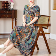 莫代爾媽媽夏裝棉綢連衣裙大碼200斤遮肚子短袖中老年女胖人碎花長裙子 17號色 3XL 建議150-175斤