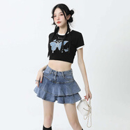 皓娥復古牛仔半身裙女2025新款高腰顯瘦蓬蓬蛋糕a字短裙子 牛仔短裙【藍色S】