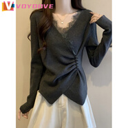 VOYDOVE大碼女裝復古設計感V領(lǐng)蕾絲拼接針織衫女胖MM顯瘦不規則打底毛衣 灰色【z】 M [建議80-100斤]