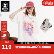 GENANX閃電潮牌夏季新品100%純棉T恤親膚透氣吸濕排汗直噴印花鏤空拼接T 白粉色 XL 【建議】參考尺碼助手或客服