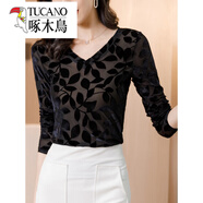 啄木鳥(niǎo)（TUCANO）秋冬長(cháng)袖網(wǎng)紗打底衫女秋季2025新款女裝燒花絲絨內搭秋款V領(lǐng)上衣 樹(shù)葉花 L (100-115斤)