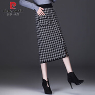 皮爾卡丹（pierre cardin）千鳥格針織一步裙中長款半身裙女秋冬新款過膝高腰包臀格子毛線裙 黑白格子 S 建議85-95斤