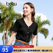 百圖betu女裝夏季新款T恤法式V領(lǐng)短袖套頭坑條針織T恤女2403T14 黑色 L