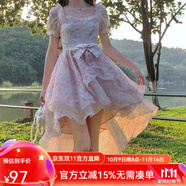 梵奧格（FANAOGE）生日穿在逃公主法式連衣裙公主風(fēng)燕尾方領(lǐng)蓬蓬裙前短后長拖尾可愛 圖片色4 粉色燕尾版 L
