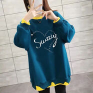 AEMAPE2025秋冬新款假兩件套頭衛衣女寬松中長(cháng)款顯瘦加絨加厚保暖上衣 藍綠色加絨 M 適合110-130斤