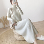愛(ài)情優(yōu)先 LOVE PRIOR白色毛衣裙女過(guò)膝長(cháng)裙子秋冬羊毛針織大擺裙連身裙加厚羊絨連衣裙 乳白色 XL 適合135-150斤