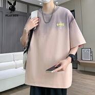 花花公子（PLAYBOY）漸變冰絲涼感短袖t恤男士2025新款半袖寬松體恤衫潮牌青少年T上衣 7823淺粉色 M 80-100斤