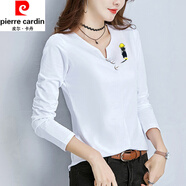 皮爾卡丹（pierre cardin）純棉V領(lǐng)長(cháng)袖T恤女2025秋裝新款韓范女士修身顯瘦打底衫內百搭上衣 2472白色 XL