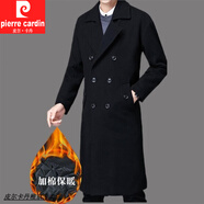 皮爾卡丹（pierre cardin）男士風衣長款過膝秋冬新款加棉保暖外套寬松西裝領雙排扣毛呢大衣 黑色(過膝-加棉) 加厚 2XL (建議145-160斤)