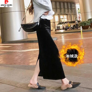 皮爾卡丹黑色包臀裙女金絲絨半身裙秋冬長(cháng)裙修身顯瘦高腰開(kāi)叉復古一步裙子 黑色 加絨 2XL