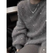 小紅書同款日本代購感灰色釘珠馬海毛毛衣女秋冬季慵懶風(fēng)套頭針織 灰色miu系穿搭疏離感穿搭茶 S