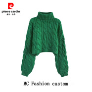 皮爾卡丹（pierre cardin）品牌折扣高領(lǐng)套頭短款麻花毛衣女秋冬新款慵懶風(fēng)寬松加厚針織外穿 綠色 L 115-125斤