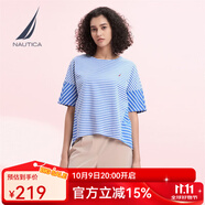 諾帝卡（NAUTICA）【商場同款】女裝夏季款純棉條紋拼接短袖圓領(lǐng)T恤女32TO06 長春花藍(lán)4SS XL