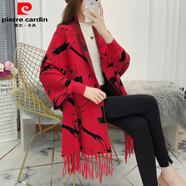 皮爾卡丹披肩外套女秋冬新款斗篷時尚帶袖流蘇外搭圍巾兩用針織開衫蝙蝠式 大紅色