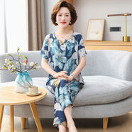 中老年夏天睡衣褲套組女士綿綢棉綢短袖長褲人造棉空調(diào)服夏季薄 多姿多彩 XL