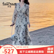 妤遇（YUUZYUUS）品牌女裝碎花連衣裙女2025春秋新款法式溫柔風(fēng)收腰顯瘦v領(lǐng)a字裙 圖片色 M