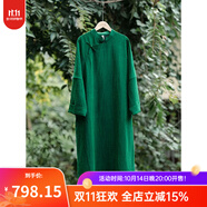 知筆墨夏款新品綠色龜裂紋真絲香云紗連衣裙 女中式文藝寬松大袍子長裙 綠色（長袖款） L
