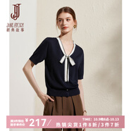 經(jīng)典故事（JANE STORY）經(jīng)典故事超好看時(shí)尚撞色上衣女2025夏季新款短袖薄款系帶領(lǐng)針織衫 藏藍 2XL