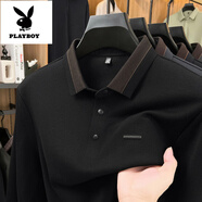 花花公子（PLAYBOY）秋季新款翻領(lǐng)常規(guī)款寬松商務(wù)風(fēng)秋季T恤父親爸爸裝中老年男裝秋裝 黑色 XL 52