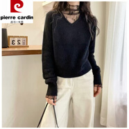 皮爾卡丹（pierre cardin）蕾絲拼接仿浣熊絨高領(lǐng)針織衫女歐洲站秋裝新款歐貨女裝打底衫 黑色 L