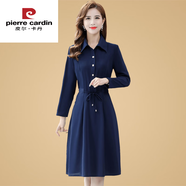 皮爾卡丹（pierre cardin）媽媽秋裝長袖拼接連衣裙大碼洋氣裙子中老年人女純色襯衫領過膝裙 藏青色 今年流行的輕奢品牌 XL 建議80-100斤