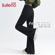 班尼路（Baleno）高腰喇叭褲女2025春秋季松緊腰微喇休閑長(cháng)褲時(shí)尚黑色馬蹄褲