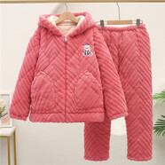 錦諾樂(lè )衣男童睡衣兒童秋冬季三層夾棉珊瑚絨法蘭絨冬款男孩2025新款家居服 特厚夾棉拉鏈帽子桃紅色 165 碼（XL碼建議155-160cm）