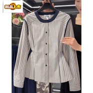 初徑歐貨感豎條紋長(cháng)袖襯衫女春秋季大碼收腰遮肚子顯瘦歐洲站上衣 條紋【時(shí)尚洋氣/時(shí)髦減齡/遮肚子 M 【80-100斤】