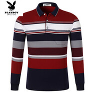 花花公子（PLAYBOY）新款純棉男士秋季長(cháng)袖t恤男中青年男裝長(cháng)袖條紋POLO衫上衣男 303紅色 M /48 建議125斤內