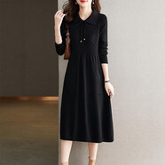 皮爾卡丹（pierre cardin）娃娃領(lǐng)針織毛衣裙女中長(cháng)款polo領(lǐng)連衣裙秋冬季新款純色打底過(guò)膝 黑色 4XL 145-155斤