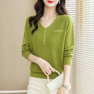 玖卡依毛衣針織衫女春秋新款薄款長(cháng)袖t恤V領(lǐng)寬松減齡洋氣打底衫上衣女裝 果綠 L 建議110-120斤