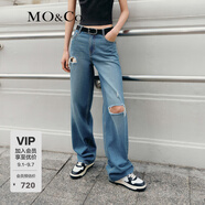 MO&Co.牛仔褲中低腰寬松及地直筒手工破洞毛邊復(fù)古洗水摩安珂 牛仔藍(lán)色-第2批 XS 25